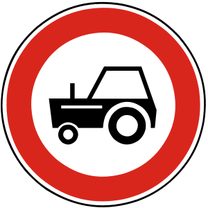 Značka B 9 - Zákaz vjazdu traktorov - zakazuje vjazd traktorom a všetkým zvláštnym motorovým vozidlám, ako sú napríklad jednonápravové kultivačné traktory, motorové dopravné vozíky, motorové ručné vozíky, samohybné poľnohospodárske a lesné stroje a pojazdné pracovné stroje.