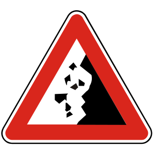 Značka A 20 - Padajúce kamene - upozorňuje na miesto alebo úsek vozovky, na ktorom sa dá predpokladať, že môže dôjsť k zosuvom alebo padaniu kameňov na vozovku.