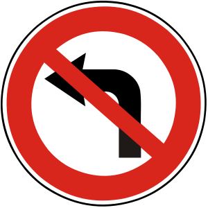 Značka B 27b - Zákaz odbočovania vľavo - zakazuje odbočovanie vľavo napríklad na križovatke, na miesto mimo cesty, na poľnú cestu, lesnú cestu, cestičku pre cyklistov, do obytnej zóny alebo do pešej zóny.