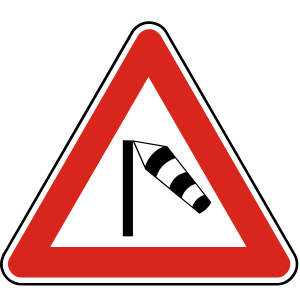Značka A 32 - Bočný vietor - upozorňuje na úsek cesty, kde prudký bočný alebo nárazový vietor môže ohroziť bezpečnosť cestnej premávky.