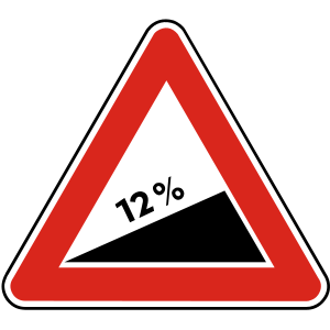 Značka A 3b - Nebezpečné stúpanie - upozorňuje na miesto, kde stúpanie cesty presahuje 10% alebo kde miestne podmienky robia stúpanie nebezpečným.