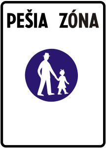 Značka IP 25a - Pešia zóna - vyznačujú územie (časť obce a podobne) určené predovšetkým pre chodcov, kde platia zvláštne ustanovenia o premávke v pešej zóne.
