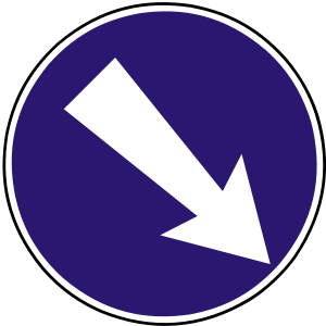 Značka C 6a - Prikázaný smer obchádzania vpravo - prikazuje obchádzať ostrovček, prekážku a podobne len v smere vyznačenom šípkou na značke.